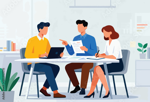 Three businesspeople, faceless, in an office setting. One uses a laptop, another points to a document, while the third writes