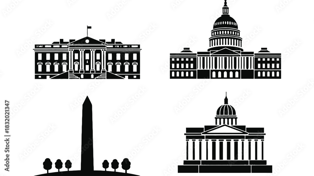 Fototapeta premium Black and white line art of washington dc monuments and buildings