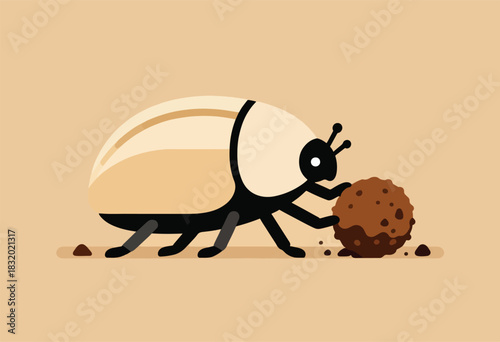 A stylized dung beetle rolls a ball on a tan background, with simple shapes and a minimalist aesthetic