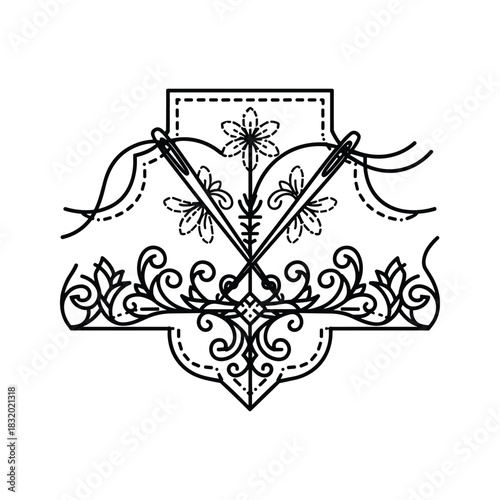 Sewing Needles and Thread with Floral Scrollwork Emblem