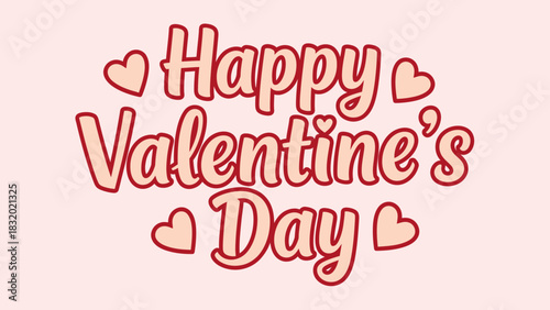 Happy Valentine's Day text with hearts on a pink background.