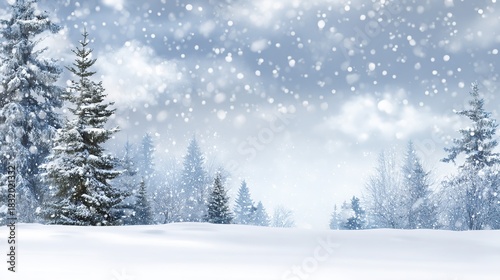 A winter snow scene, a pine forest covered in snow, snowflakes falling gently, a winter wonderland shrouded in mist, a peaceful snowy landscape, with soft snowfall creating a magical winter backdrop.