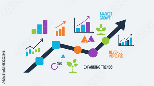 A vibrant infographic illustrating business growth, market expansion, and revenue increase with diverse charts and upward trending arrows.