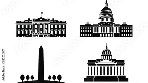 Black and white line art of washington dc monuments and buildings