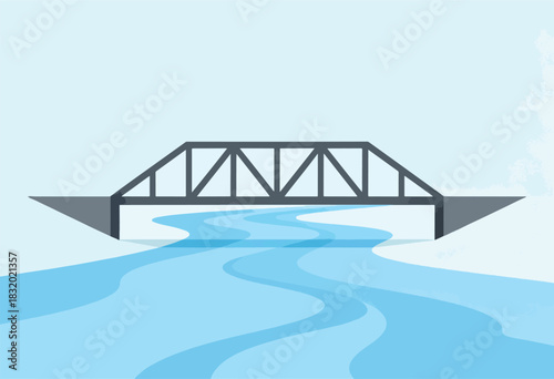 A minimalist illustration of a grey bridge spanning a flowing blue river against a light blue backdrop