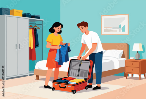 A couple packs a suitcase in a bedroom, clothes are laid out. Wardrobe, bed, lamp, and picture are included