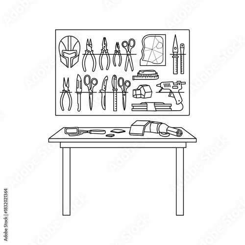 Crafting Workbench with Assorted Tools & Materials for DIY Hobbies & Prop Making: Pliers, Scissors, Glue Gun, Helmet Pattern, & More. Line Art Illustration.