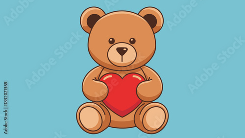 Cute brown cartoon teddy bear sitting down while holding a big red heart.