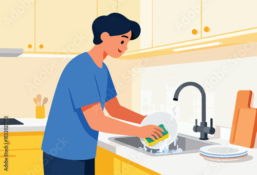 A person in a blue shirt washes dishes with a sponge in a kitchen sink. Plates are stacked nearby