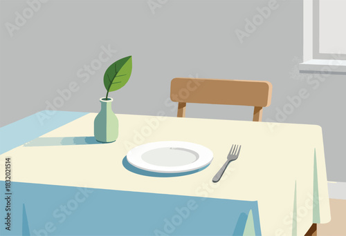 A minimalist illustration of a table set for one, with leaf in vase, plate, fork and chair