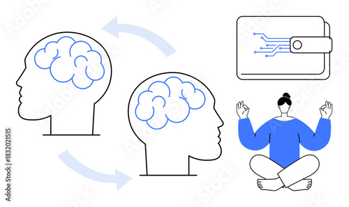 Two human brain illustrations with transfer arrows, digital wallet, and meditating figure. Ideal for innovation, artificial intelligence, digital transformation, mindfulness, mental health, finance