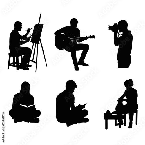 Set of creative hobby silhouettes featuring painting music photography and pottery.