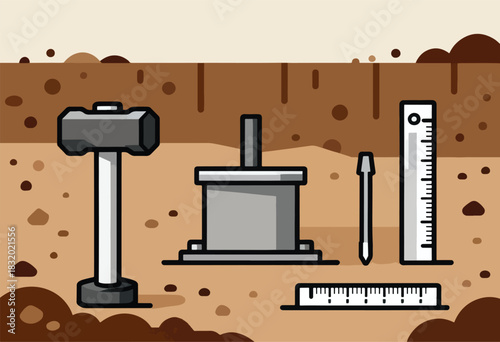 Illustration featuring construction tools hammer, soil sampler, screwdriver, ruler and more