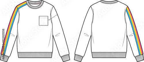 Sweatshirt front and back view, multicolor sleeve stripe, chest pocket, ribbed trim, fashion sketch, CAD streetwear flat vector 