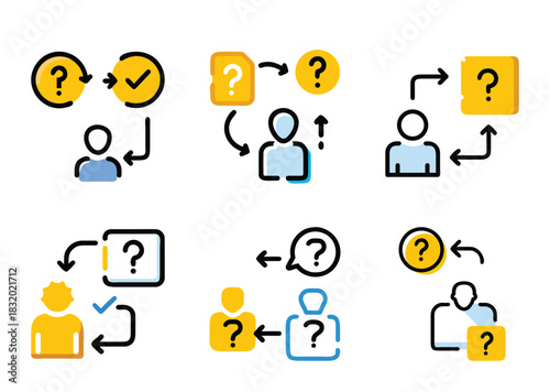 Conceptual information flow and people icon set representing problem solving techniques