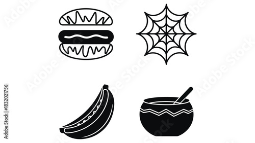 Four black and white icons showing food and a spider web illustration