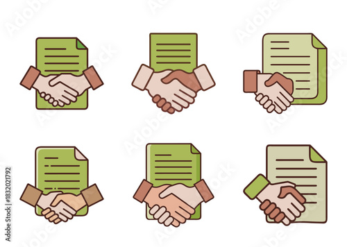 Illustrations of handshake and document representing agreement partnership and deal closure