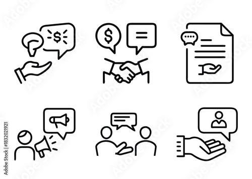 Six icons representing business collaboration, communication, agreements and human resources
