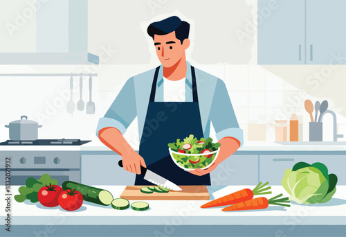 A man in a kitchen, wearing an apron, prepares a salad. Fresh produce surrounds him. Clean, minimalist art