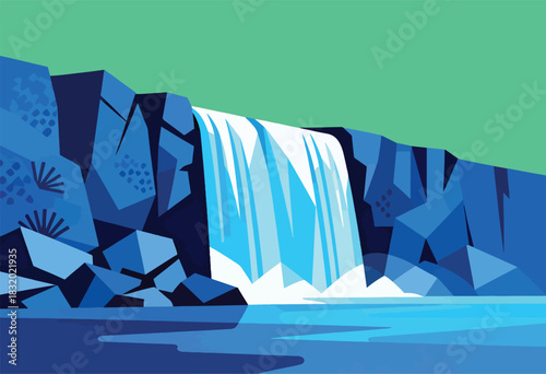 Stylized illustration of a waterfall cascading down a rock face into a pool, with geometric shapes