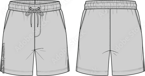 Technical sketch of shorts, front and back view, drawstring waistband, side pockets, center seam, fashion design illustration