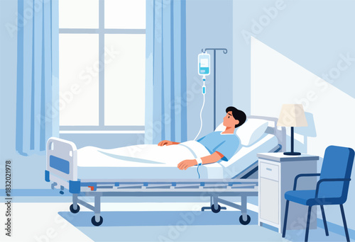 A patient lies in a hospital bed, receiving an IV drip, in a brightly lit room. A chair and lamp sit nearby