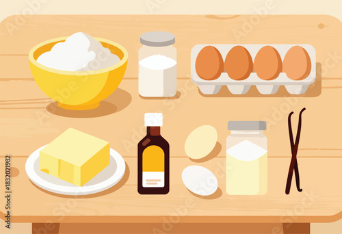 Flat-lay illustration of baking ingredients on a wooden surface flour, sugar, eggs, butter, vanilla extract, and more