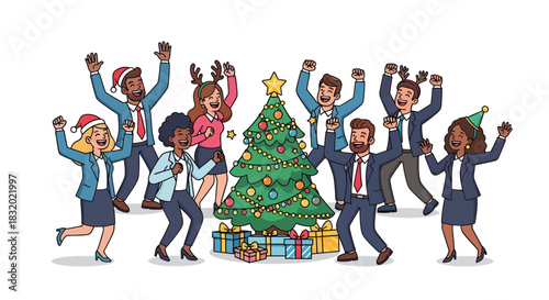 Festive office team joyfully celebrating christmas holiday with christmas tree and presents under