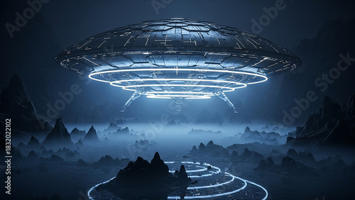 Massive UFO Hovering Above Dark Futuristic Landscape