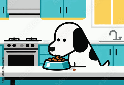 Cartoon dog eating food from a bowl in a kitchen setting with turquoise cabinets and a stove