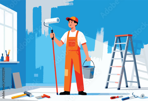 A painter in orange overalls uses a roller, with a ladder and tools. Blue wall with white window