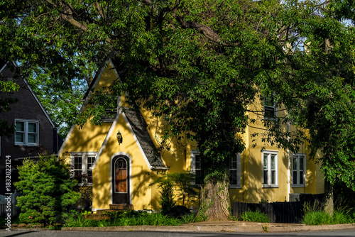 Fototapeta Naklejka Na Ścianę i Meble -  Downtown area of small town village in Virginia near Blue Ridge Mountains and yellow quirky house on residential road street