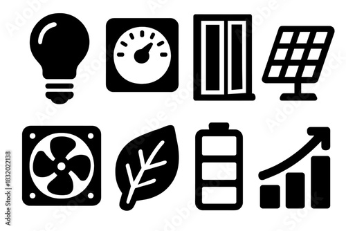 Energy Efficiency Icons. Energy Efficient Design silhouette icon set. light bulb, thermostat, double-glazed window, solar array, ventilation fan, leaf, battery, chart.