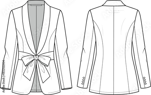 Women’s blazer sketch, front and back view, shawl collar, bow waist, button cuffs, CAD streetwear flat vector illustration