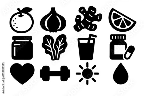 Immunity Booster Icons. Immunity Boosters silhouette icon set. orange, garlic, ginger root, lemon slice, honey jar, leafy greens, smoothie glass, pill bottle, heart, dumbbell, sun