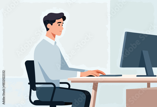 A man in a light blue shirt works at a computer, seated in a black chair at a wooden desk, in an office setting