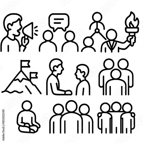 Leadership Icon Set. Empowering Leaders linear icon set: inspiring voice, open dialogue, support network, shared vision, leadership torch, challenge mountain, mentoring icon, team
