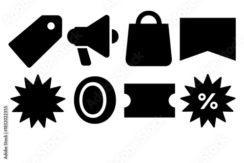 Brutalist Icon Set. Marketing Promotion Set silhouette icon set. sale tag, megaphone, bag, banner, discount, starburst, coin, ticket.