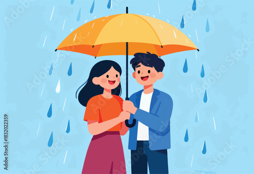 A couple stands together under an umbrella in the rain, sharing a moment, illustrated with a soft and cheerful aesthetic