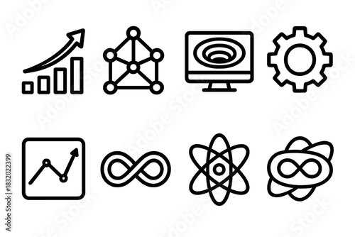 Tech Evolution Icons. Digital Acceleration linear icon set. growth arrow, network nodes, computer screen, quantum tunnel, gear, analytics graph, infinity symbol, atom path