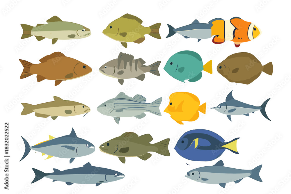 Fototapeta premium Collection of colorful fish illustrations showcasing various species and styles for educational or decorative use
