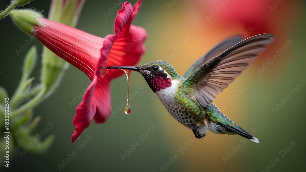 Fototapeta premium Hummingbird feeding on a vibrant red tubular flower with nectar drop
