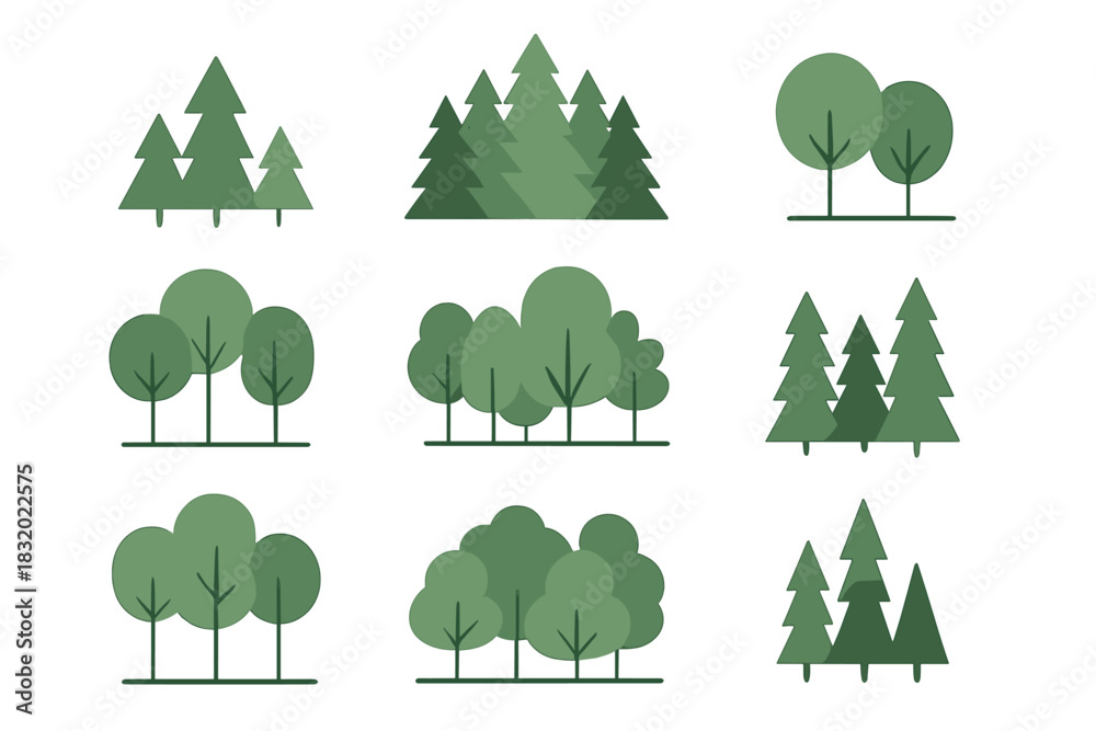 Fototapeta premium Different types of trees illustrated in various shapes and sizes on a simple background