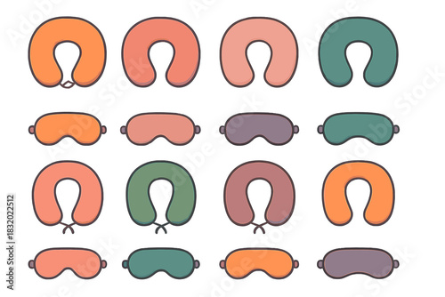 Travel accessories collection featuring neck pillows and sleep masks for comfortable journeys