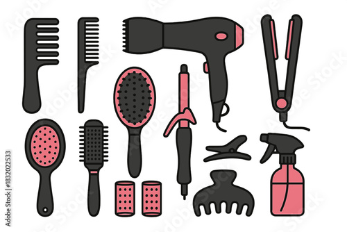 Hair styling tools and accessories arranged in a creative layout for hairstyling enthusiasts and professionals