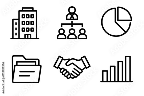 Corporate Icon Set. Corporate power dynamics linear icon set. building, hierarchy chart, pie graph, document folder, handshake, bar graph.