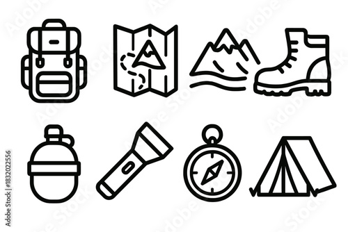Camping Gear Icons. Hiking Adventure linear icon set: backpack, map, mountain, shoes, water canteen, tent, flashlight, compass
