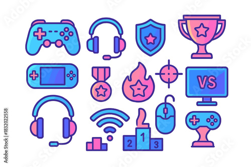 Colorful gaming icons represent competitive play and technology in a modern design setting