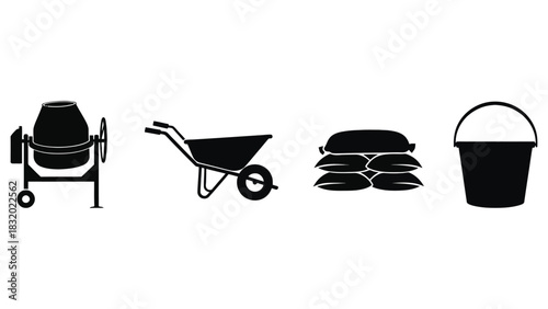 Illustration showing cement mixer wheelbarrow sandbags and bucket icon