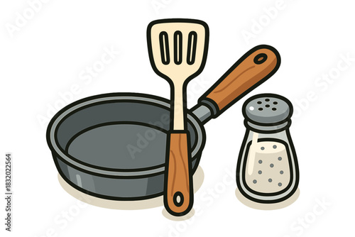 Cooking tools including a pan, spatula, and salt shaker for kitchen preparation and meal creation